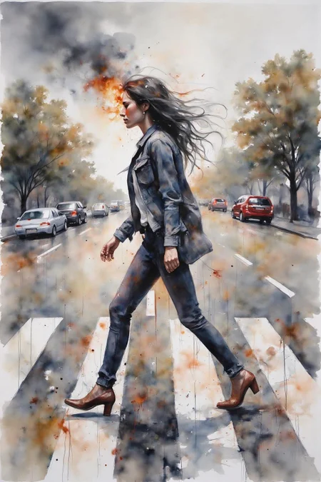 yawc1 watercolor.
Fantasy artwork. Profile of a woman with long black hair walking across the street at zebra crossing. Her hair is on fire, with black Smoke coming out of her head. <lora:yawcolor_flor2_d4a2:1.0><lora:798981204306271290:0>