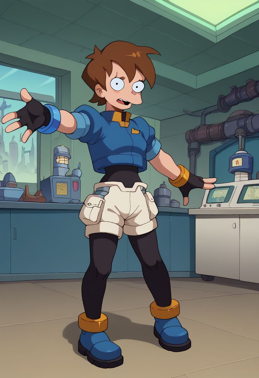 score_9, score_8_up, score_7_up, english text, 1girl, small breasts, brown hair, short hair,  circle eyes, dot pupil, overbite, robot ears, black bodysuit, fingerless gloves, blue Cropped Jacket, cropped jacket, short sleeves, bracelet, shorts, anklet, shoes, blue footgear, henshin pose, arm up, looking at viewer, legs apart, outstretched arm, standing, source_cartoon, futuramastyle, indoors, laboratory, black pantyhose