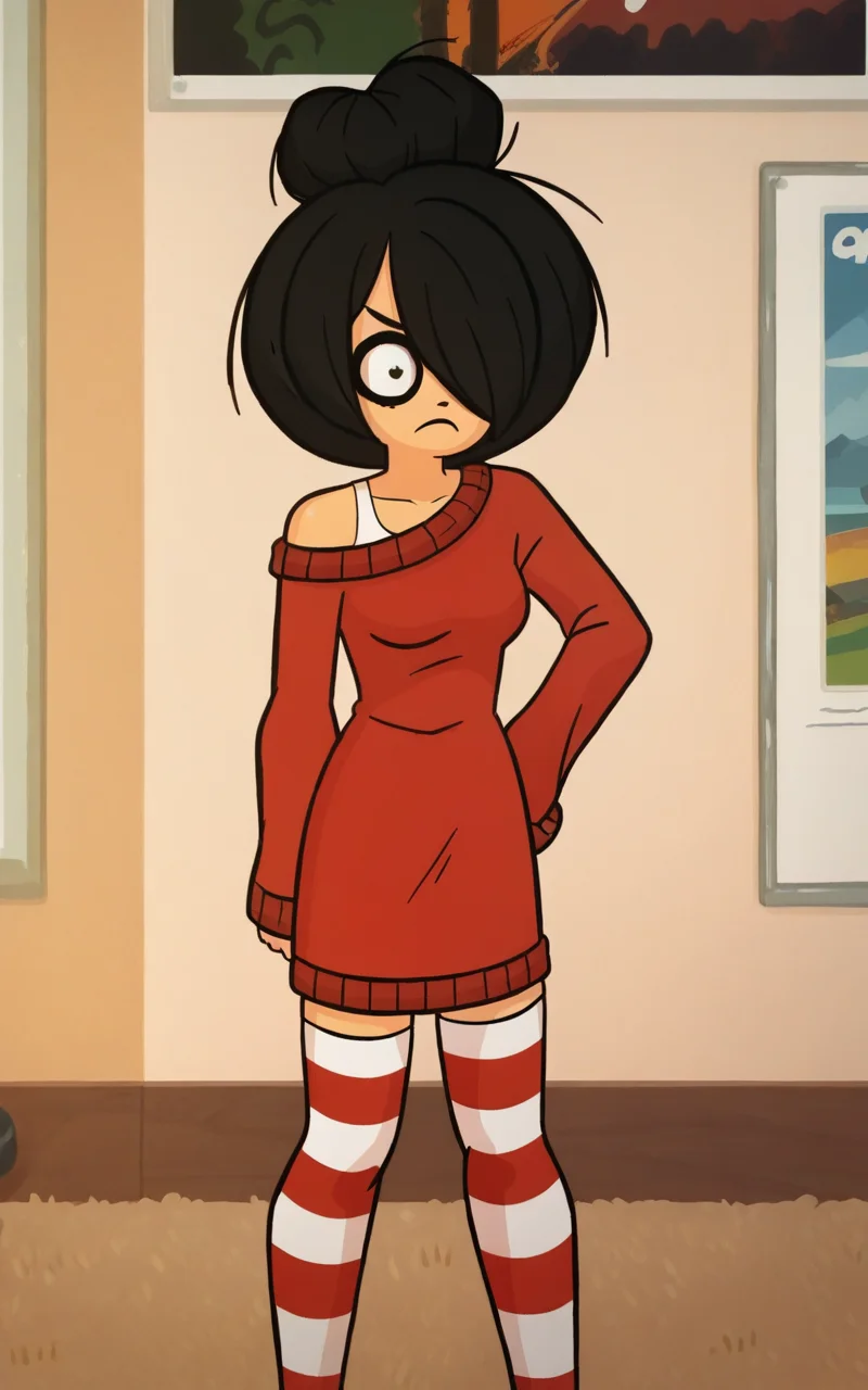 score_9, score_8_up, <lora:zelligxl-v2:1> by studiomassa, 1girl, zellig_maya, black hair, hair bun, hair over one eye, red sweater, red striped thighhighs