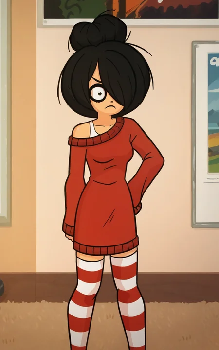score_9, score_8_up, <lora:zelligxl-v2:1> by studiomassa, 1girl, zellig_maya, black hair, hair bun, hair over one eye, red sweater, red striped thighhighs