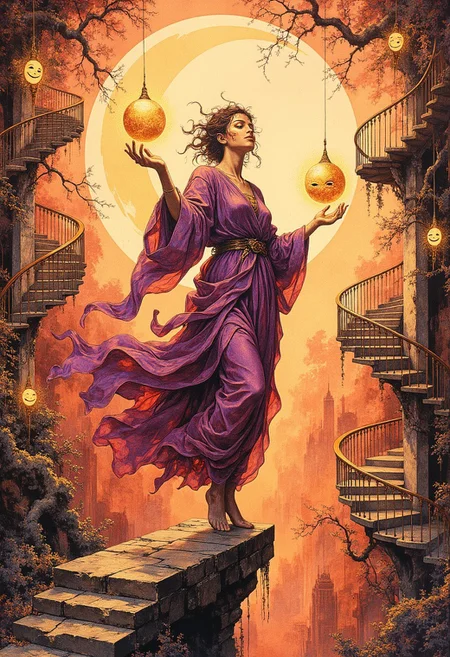 A whimsical yet mischievous scene rendered in a modern Art Nouveau style, capturing the enchanting narrative of illusion and deception with vibrant, dynamic imagery. The composition is infused with playful elegance and surreal mystery, blending flowing, organic lines with intricate, decorative patterns that dance around the central figure, creating an atmosphere of wonder and uncertainty.
At the center of the scene is a figure with a lithe, nimble form, poised in a playful, acrobatic stance that exudes agility and grace. They are balanced precariously on one foot atop a narrow, crumbling ledge that juts out into the swirling chaos of the background. Their body leans forward with a poised, graceful arch, as if ready to leap into the unknown at any moment. Their posture is dynamic and fluid, capturing a sense of motion and spontaneity, emphasizing their mischievous, unpredictable nature.
The figure’s face is concealed behind a theatrical mask with a wide, crooked smile that stretches unnaturally across its surface. The mask is painted in bright, vibrant colors—gleaming golds, rich purples, and deep scarlets—adorned with swirling patterns and delicate, shimmering accents. The exaggerated, curved smile gives the mask an eerie, playful appearance, enhancing the sense of trickery and deception. The mask’s hollow eyes are dark and shadowed, giving no hint of the true face beneath, adding an air of mystery and intrigue.
They are dressed in a flowing, multicolored robe that billows around them with a life of its own, swirling and twisting as if caught in an invisible breeze. The robe is impossibly light and fluid, crafted from shimmering fabric that reflects light in rippling waves, creating an illusion of constant motion. The swirling patterns on the robe are intricate and hypnotic, painted in vibrant shades of red, purple, and gold that blend seamlessly into one another, enhancing the surreal, whimsical ambiance. The edges of the robe are adorned with delicate gold thread, glistening faintly as the fabric twists and curls through the air.
In their hands, they juggle glowing orbs of light that pulse and flicker with an ethereal, otherworldly glow. The orbs are perfectly spherical, their surfaces swirling with shimmering, golden mist that twists and spirals hypnotically within the transparent spheres. The light emitted by the orbs is soft and mesmerizing, casting faint, shifting reflections on the figure’s robe and the swirling chaos of the background. Each orb represents illusion and deception, their delicate, shimmering light contrasting beautifully with the vibrant colors around them.
The background is a fantastical world of chaos and surreal wonder, painted in swirling hues of red, purple, and gold that flow and twist in mesmerizing, fluid patterns. Shifting staircases spiral through the air, twisting and contorting into impossible shapes, their steps leading nowhere. The staircases are adorned with delicate carvings and gilded railings, their ornate designs enhanced by the swirling colors that cascade around them. Mirrored pathways intersect and spiral outward, reflecting distorted images of the figure and the glowing orbs, enhancing the sense of illusion and uncertainty.
The vibrant colors of the background are bold and dynamic, blending seamlessly into one another with soft gradients and flowing brushstrokes that create a dreamlike, hypnotic effect. The swirling patterns dance and shift fluidly, forming swirling vortexes and spiraling tendrils that weave through the air, adding to the sense of chaos and enchantment. The vibrant hues are enhanced with delicate, shimmering highlights that give the swirling colors a luminous, otherworldly glow.
Above the figure, a crescent moon hangs upside down, its delicate, curved edges gleaming softly with an eerie, playful light. The moon is painted in a pale, silvery gold, its surface adorned with delicate, swirling patterns that twist around its edges. The upside-down position of the crescent moon enhances the surreal, whimsical atmosphere, suggesting a world turned upside down, ruled by illusion and trickery. The soft, silvery light from the moon diffuses gently through the swirling colors, casting a delicate, ethereal glow over the scene.
The intricate border of the scene is adorned with twisting vines and delicate, flowing patterns that spiral gracefully around the edges. The vines are painted in soft, golden hues, their delicate leaves shimmering with faint, iridescent highlights. Interwoven among the vines are theatrical masks, each one smiling differently, their exaggerated, crooked smiles hinting at the ever-changing nature of the Trickster. The masks are intricately detailed, painted in vibrant colors with shimmering gold accents, their hollow eyes reflecting the mischievous light of the glowing orbs.
The lighting is soft and atmospheric, blending warm golden hues with cool purples and deep scarlets to create a vibrant, dynamic ambiance. The soft, glowing light from the orbs and the crescent moon enhances the whimsical, otherworldly atmosphere, casting delicate highlights on the swirling patterns and flowing robes. The shadows are rich and fluid, flowing seamlessly into the swirling colors, enhancing the fluid, harmonious composition.
The color palette is bold and dynamic, dominated by vibrant reds, purples, and golds that swirl and twist in mesmerizing patterns. The rich, vibrant hues contrast beautifully with the soft, ethereal glow of the orbs and the delicate, shimmering highlights on the figure’s robe. The flowing watercolor washes and delicate gradients enhance the impressionistic, dreamlike quality of the painting, capturing the fluid, ever-changing nature of illusion and trickery.
This modern Art Nouveau styled painting is a masterful blend of whimsical elegance, surreal mystery, and vibrant, dynamic movement. It captures the playful, mischievous nature of illusion and deception, embodying the enchanting power of the Trickster. Every element, from the glowing orbs to the swirling staircases, contributes to the whimsical, hypnotic narrative of chaos, enchantment, and the ever-changing dance of reality and illusion.