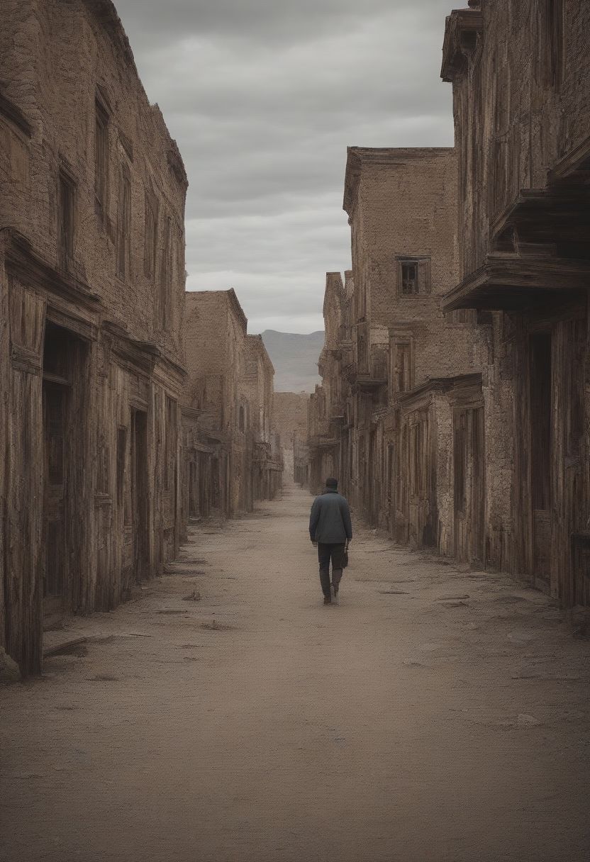 man walking through the ghost town, 8K, realistic, masterpiece,