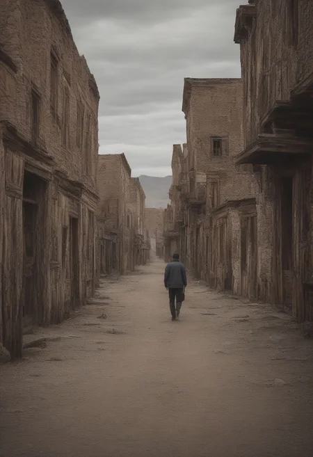 man walking through the ghost town, 8K, realistic, masterpiece,
