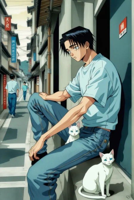1boy, male focus, okkotsu yuuta, jujutsu kaisen , (90s anime style:1.5), front view, outdoors, street view, (looking down:1.3), perfecteyes, shirt, denim shorts, (a single white cat sitting next to them) <lora:detailed_notrigger:1> <lora:ParchartXL_CODA:0.2> <lora:Isometric Cutaway:1> <lora:PerfectEyesXL:1> <lora:Surreal Harmony:0.2>