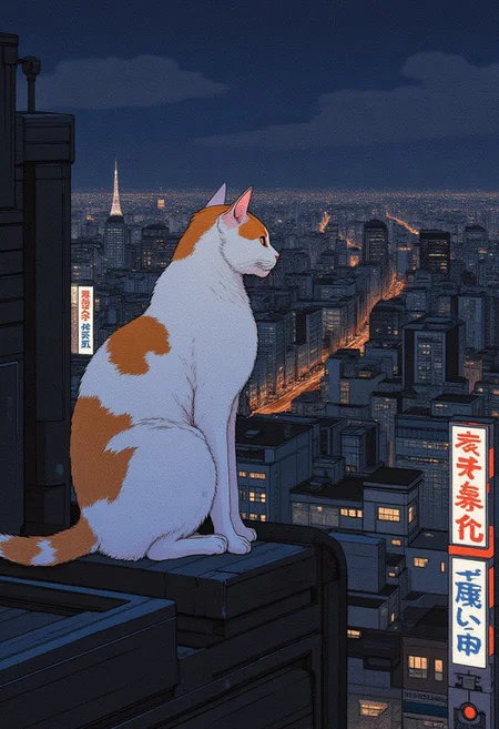 A white and orange cat perched on a rooftop overlooking tokyo at night.