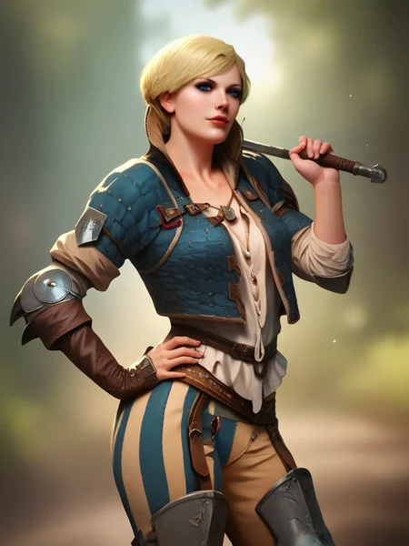 score_9, score_8_up, score_7_up, Biancawaifu, handfixer, armor, blonde hair, blurry background, boots, hand on hip, jewelry, lips, makeup, realistic, short hair, solo, standing, holding ,<lora:add-detail-xl:1>, <lora:Bianca_character:1>, <lora:HandFixer_pdxl_Incrs_v1:0.5>