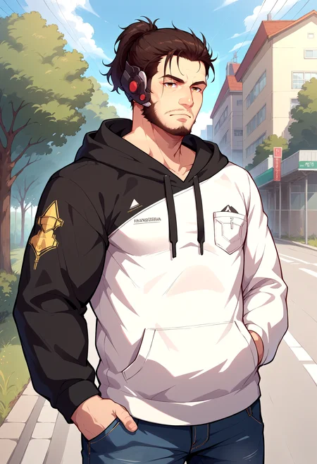 score_9, score_8_up, source_anime, 1boy, solo, JetstreamSam, beard, <lora:JetstreamSam_XLPD:1>, cowboy shot, hoodie, black hoodie, hood, hood down, hand in pocket, jeans, outdoors, headgear,