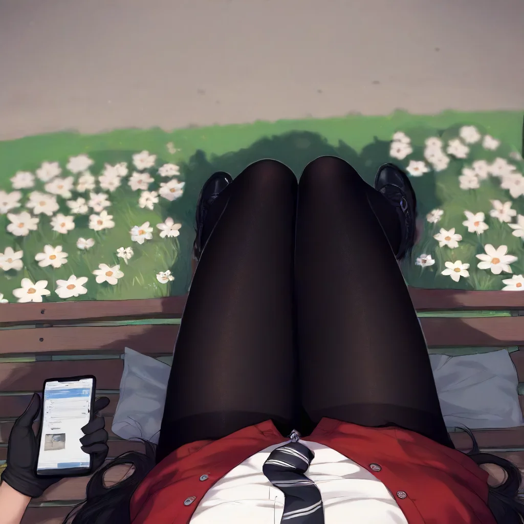 score_9, score_8_up, score_7_up, female pov, pov, solo, 1girl, (looking at smartphone), ((social media)), (holding phone), browsing smartphone, small breasts, red shirt, blue eyes, on back, lying, black thighhighs, pantyhose, black gloves, long hair, black hair, solo, necktie, (park bench:0.2), (from below), bent knees, park, from above, grass <lora:pony_female_pov:1> <lora:Concept Art Twilight Style SDXL_LoRA_Pony Diffusion V6 XL:0.8>