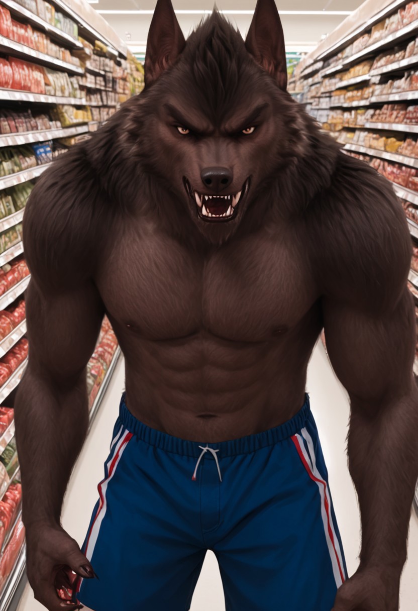 werewolf, werewolf of fever swamp, blue shorts, white and red stripes, claws, hand, fcNeg, front view, facing you, toe_claws, snarling, in a supermarket aisle, closeup