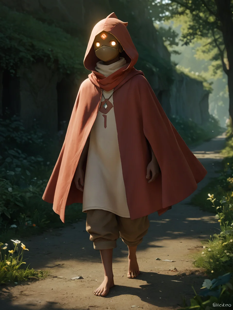 score_9, score_8_up, score_7_up, score_6_up, BREAK, SkyChildren, solo, 1boy, hood, glowing, glowing eyes, cloak, poncho, brown skin, barefoot, full body <lora:SkyChildren:1>
