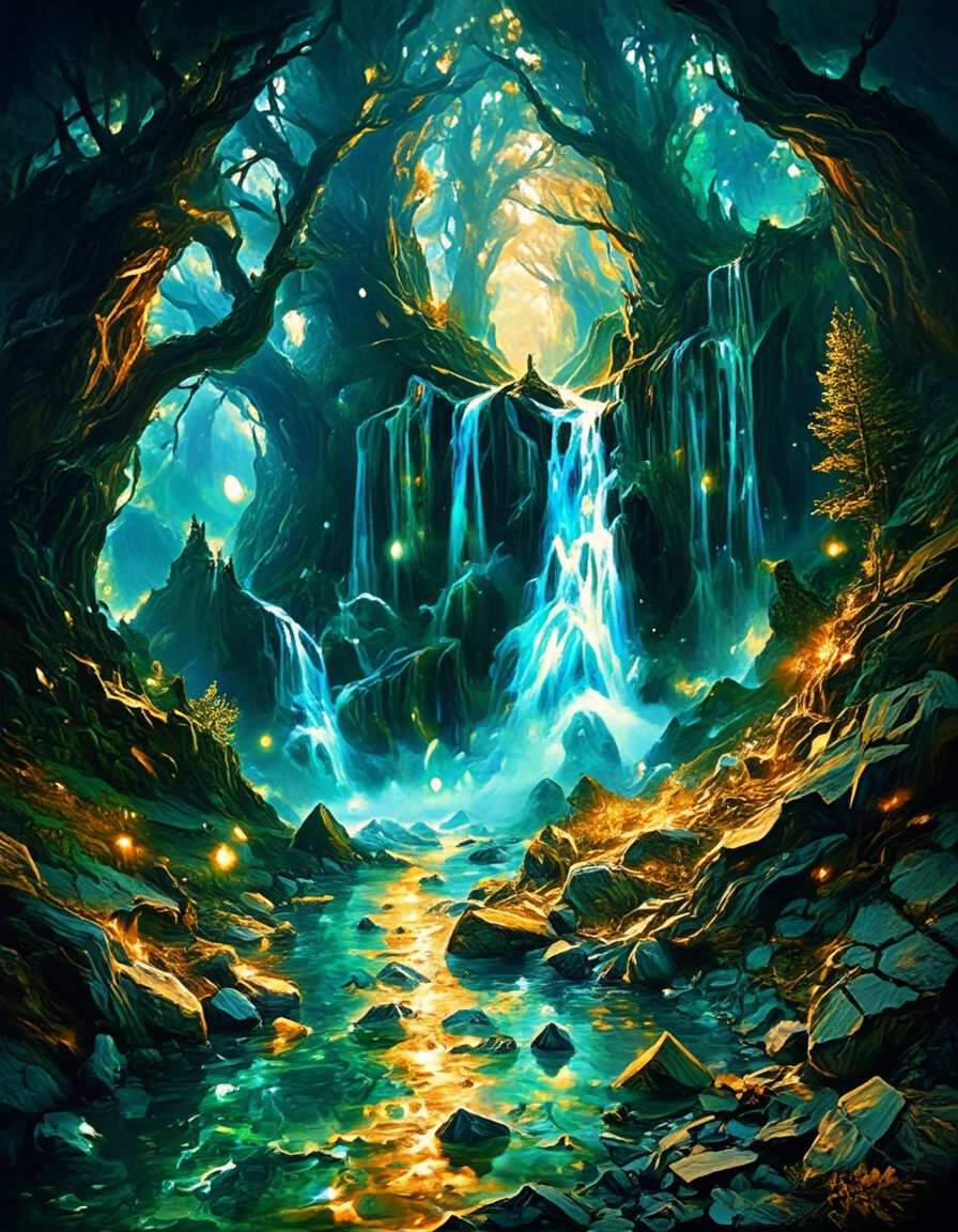 <lora:Medieval_Worlds_Scenery01cflux:1> mwl01, scenery, bokeh, trees, fantasy, rocks, shiny diamonds, photo, small river, in a cave, frozen walls, waterfall, gold, blue, marble, T5, T8 green