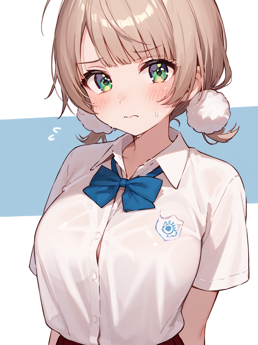 score 9, score 8 up, score 7 up, detailed background, shiny skin,
<lora:uimm.pony:1>,
uimm, summer, shirts, large breasts, 
blush, frown, undressing,  sweat,