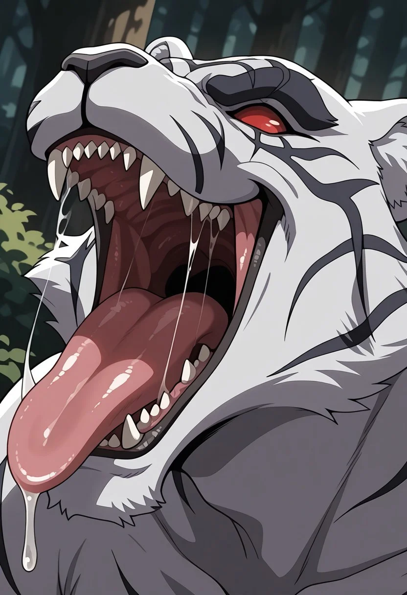 masterpiece,best quality,amazing quality, 1boy, solo, by4kk0, tiger boy, white fur, tiger stripes, colored sclera, no pupils, face focus, closeup, side angle, smile, smirk, grin, mouth shot, mawshot, open mouth, vore, imminent vore, oral invitation, saliva, tongue, throat, smirk,