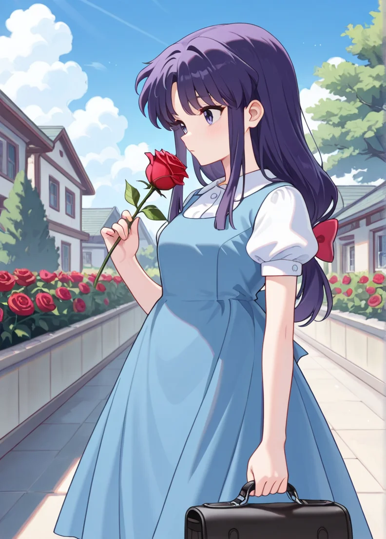 masterpiece, best quality, amazing quality, very aesthetic, absurdres, newest, detailed background, 4k, 8k, indoors,
akanexd, 1girl, flower, solo, holding, dress, rose, bow, long hair, blue dress, hair bow, short sleeves, outdoors, bag, cloud, school uniform, red flower, puffy sleeves, low-tied long hair, purple hair, holding flower, puffy short sleeves, red bow, school bag, red rose, sky, house, building, day, tree, 
 <lora:Akane_Tendo_-_Ranma_12_Remake_Illustrious:1>