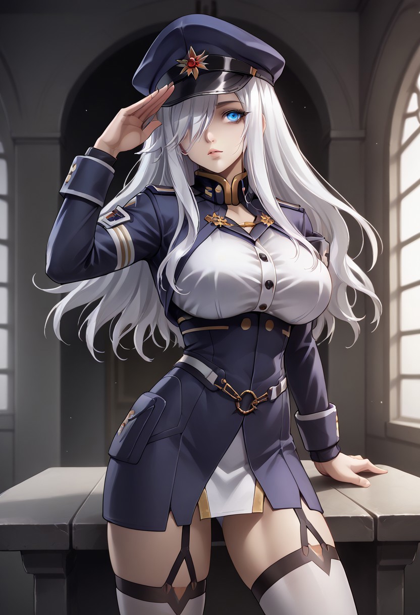 score_9, score_8_up, score_7_up, 1girl, sylwia krzasinska, source_anime, H0M4R35TY13, anime screencap, anime coloring, zPDXLxxx, Expressiveh, white hair, wavy hair, long hair, blue eyes, hair over one eye, one eye covered, perfect lips, vibrant eye color, expressive eyes, ultra-feminine, (perfect face: 1.5), ultra-detailed face, ultra-detailed skin, lustrous ultra-detailed hair, extreme hourglass shape, ultra-slim proportions, (feminine muscles: 1.1), long breasts, perfectly round breasts, huge breasts, ultra-narrow waist, ultra-flared hips:, perfectly round ass, ultra-jutting ass, shapely ass, perfect butt crack, thin tighs, ultra-fit figure, long legs, bursting breasts, ultra-jutting breasts, ultra-pointy breasts,  blue headwear, blue jacket, blue skirt, hat, jacket, military, military hat, military uniform, peaked cap, shirt, skirt, thighhighs, uniform, white shirt, white thighhighs, indoors, detailed background, military base, sci-fi base, steel grey walls, alert lights, staring at viewer, bending over, leaning forward, saluting, military salute, sexually suggestive