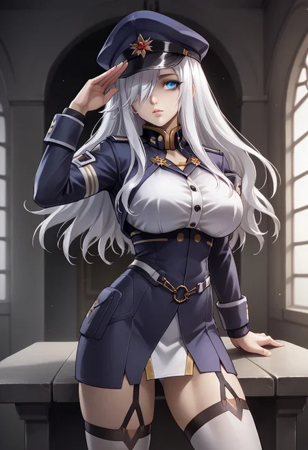 score_9, score_8_up, score_7_up, 1girl, sylwia krzasinska, source_anime, H0M4R35TY13, anime screencap, anime coloring, zPDXLxxx, Expressiveh, white hair, wavy hair, long hair, blue eyes, hair over one eye, one eye covered, perfect lips, vibrant eye color, expressive eyes, ultra-feminine, (perfect face: 1.5), ultra-detailed face, ultra-detailed skin, lustrous ultra-detailed hair, extreme hourglass shape, ultra-slim proportions, (feminine muscles: 1.1), long breasts, perfectly round breasts, huge breasts, ultra-narrow waist, ultra-flared hips:, perfectly round ass, ultra-jutting ass, shapely ass, perfect butt crack, thin tighs, ultra-fit figure, long legs, bursting breasts, ultra-jutting breasts, ultra-pointy breasts, blue headwear, blue jacket, blue skirt, hat, jacket, military, military hat, military uniform, peaked cap, shirt, skirt, thighhighs, uniform, white shirt, white thighhighs, indoors, detailed background, military base, sci-fi base, steel grey walls, alert lights, staring at viewer, bending over, leaning forward, saluting, military salute, sexually suggestive