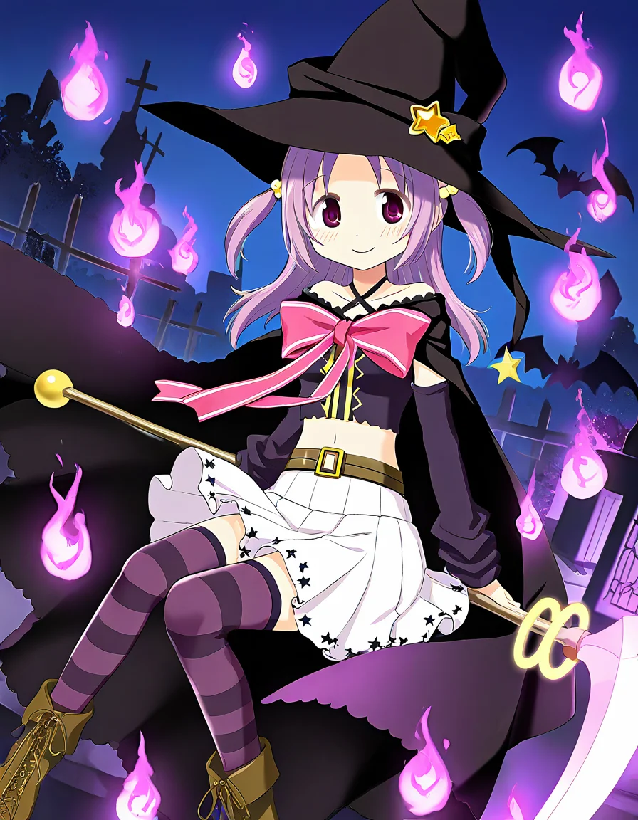 masterpiece, best quality, newest, absurdres, highres, safe, 1girl, misono karin, magia record: mahou shoujo madoka magica gaiden, holding scythe, sitting, smile, hitodama, solo, graveyard, bat, night, dutch angle, <lora:misono_karin_noobaiXLNAIXL_vPred10Version:0.7>