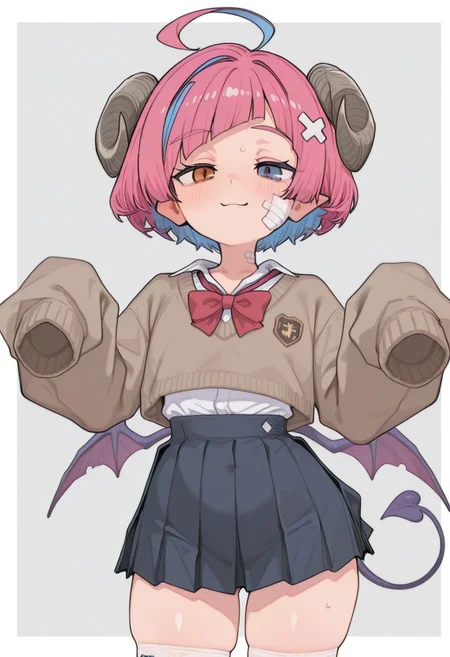WorldSaboten, Miki, Fair Skin, school uniform, sweater, Gyaru, Pink Hair, Blue Highlights, Crooked Bangs , Heterochromia, Two Tone Hair , Short Hair, Succubus, Horns, Demon Wings , Succubus Tail, Small Chest, Thin Waist, Wide Hips , Thick Thighs , Bandages on Face , Hair Ornaments, Ahoge, baggy sleeves