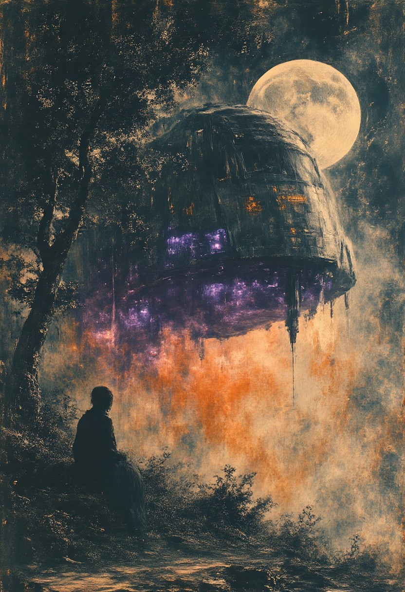 Masterpiece, buffed, stoic, by Studio Ghibli,Holy lighting, Platinum hue, highly dramatic lighting, retro artstyle, comic artstyle, highly detailed, hyperrealistic, 8K UHD, Cinema Quality Still Shot, best quality, atmospheric,
Scenary :In a hyper-realistic digital art piece ((ne0nfant4sy, niji_flux)), dScene featuring a detailed alien spaceship with Leonardo da Vinci line art. The spaceship is designed with sharp lines, angular wings, and a reflective, polished exterior. Its engines are surrounded by radiant blue energy, futuristic painted in vivid violet and golds, with textured, curling patterns reminiscent of da Vinci's iconic style. An alien creature in silhouette is illuminated by starlight and moonlight, leaning against a dandelion-shaped alien glowing tree with a pale golden glow, ((futurism is represented to the extreme with wires and core)), casting a dreamy glow on its figure. The landscape is steep, with deep hues of red and violet, while the sky is filled with swirling stars and cosmic spirals. Leonardo da Vinci's intricate line work is subtly incorporated into the design of the spaceship and the surroundings, enhancing the visual complexity. The entire scene exudes a surreal and magical atmosphere, blending artistic influences from both the past and the future in a captivating, otherworldly setting.