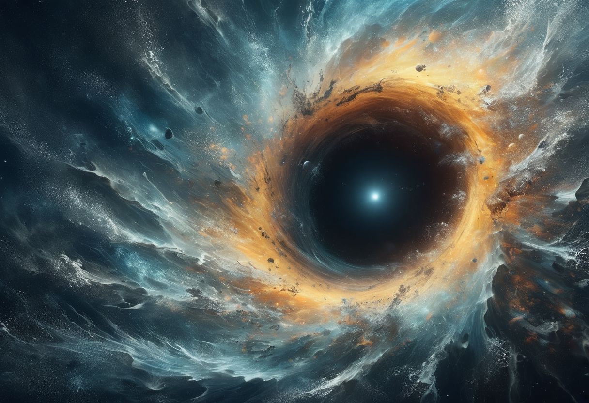A digital landscape art, underwater shot, from above, deep dark space in the background, an intricated black hole in the middle ground, event horizon, water swirling, whirlpool, ral-dissolve, best quality, masterpiece, 4k, uhd