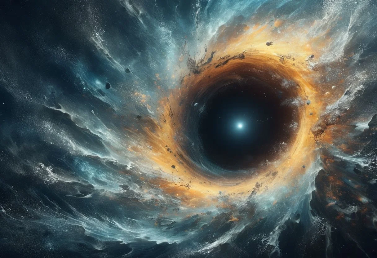A digital landscape art, underwater shot, from above, deep dark space in the background, an intricated black hole in the middle ground, event horizon, water swirling, whirlpool, ral-dissolve, best quality, masterpiece, 4k, uhd