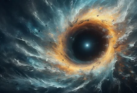 A digital landscape art, underwater shot, from above, deep dark space in the background, an intricated black hole in the middle ground, event horizon, water swirling, whirlpool, ral-dissolve, best quality, masterpiece, 4k, uhd