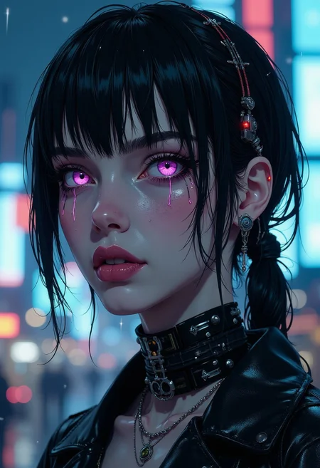 A close-up portrait of a cybernetic goth girl, her pale porcelain-like skin glowing softly under the neon haze of a futuristic city. Her sharp, cybernetic eyes emit a faint violet glow, casting a subtle reflection on her cheeks. Smudged black metallic makeup extends under her eyes, blending seamlessly with digital circuitry patterns that streak down her face like artificial tears. Her lips, painted with a reflective chrome-black sheen, contrast with the cold, dark atmosphere. Around her temples, mechanical implants flash faint red and purple lights, their design intricate and gothic. Her slick black hair is sleek and interwoven with fine, metallic strands that catch the dim neon glow from the background. She wears a high, spiked cyberpunk choker fused with delicate wires that trail down her neck, adding to her enigmatic presence. The blurred backdrop reveals faint silhouettes of gothic skyscrapers and falling digital rain, creating a somber yet futuristic ambiance.