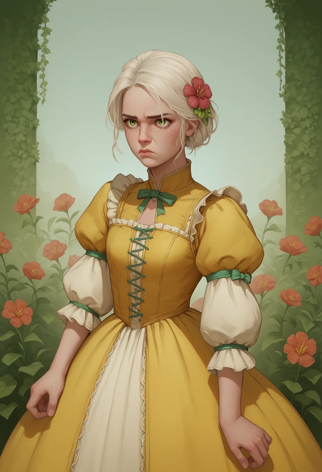 score_9, score_8_up, score_7_up, score_6_up, score_5_up, score_4_up, 1girl, <lora:YoungCiriW3:0.85> solo, skinny, green eyes, white hair, freckles, lips, dress, yellow dress with red accents, puffy sleeves, puffy long sleeves, juliet sleeves, bow, frills, hair ornament, hair flower, annoyed,
garden background, flowers