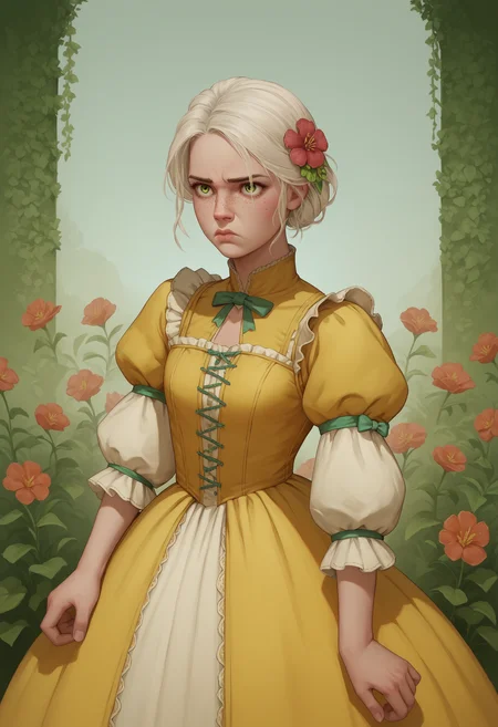 score_9, score_8_up, score_7_up, score_6_up, score_5_up, score_4_up, 1girl, <lora:YoungCiriW3:0.85> solo, skinny, green eyes, white hair, freckles, lips, dress, yellow dress with red accents, puffy sleeves, puffy long sleeves, juliet sleeves, bow, frills, hair ornament, hair flower, annoyed,
garden background, flowers