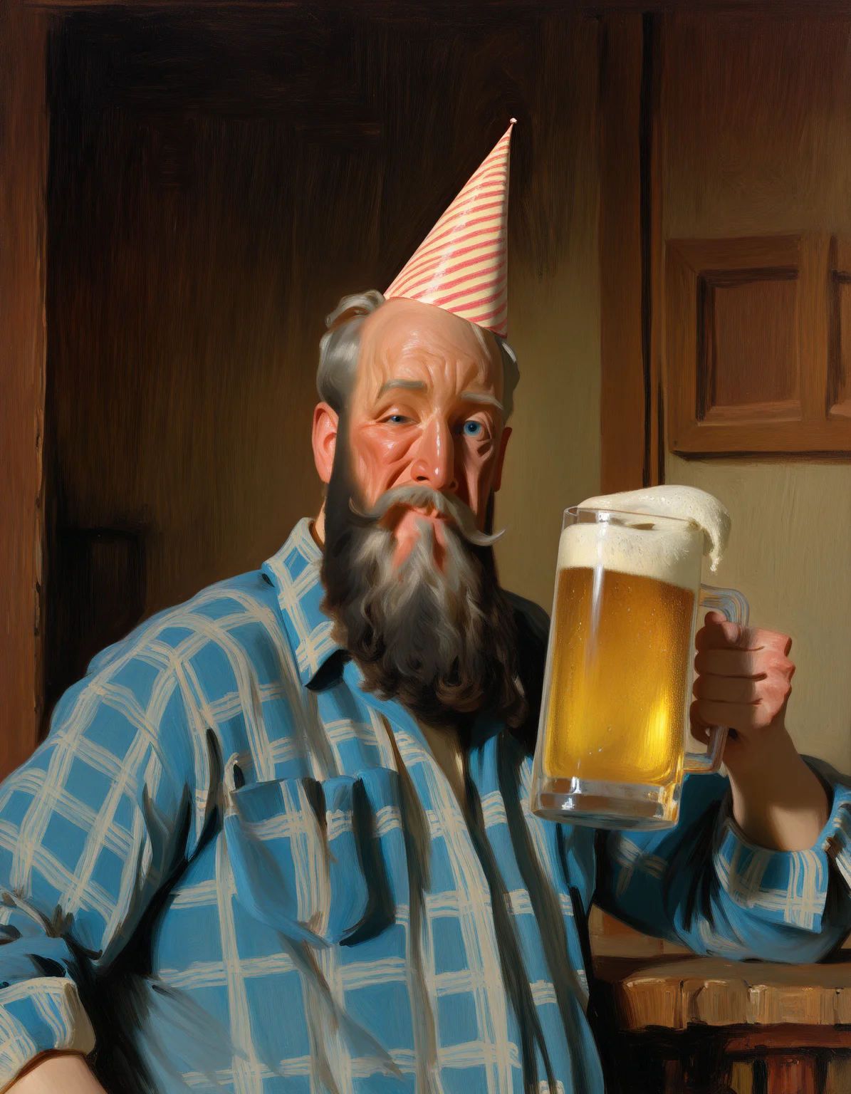 artist: sargent, masterpiece, painting \(medium\), best quality, highres, (traditional media:0.6), highly detailed,realistic, solo, male focus, 1boy, black beard, smiling, happy, mustache, party hat, serpentine, black hair, grey hair, blue eyes, uneven eyes, upper body, flannel shirt, old man, wrinkled skin, holding glass beer mug, painterly, abstract background, colors, surreal, indoors, <lora:John Sargent Illustrious 0.1-step00000630:0.8>
