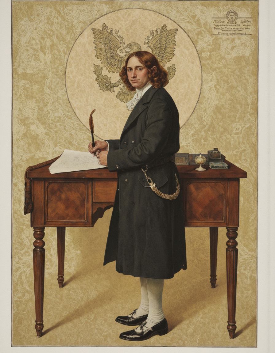 Art by Norman Rockwell. A vintage illustration from the front about a portrait of a man seated at a desk, holding a quill pen and writing on a piece of paper, with an eagle emblem behind him. the man, who appears to be William Shakespeare, is standing in the middle of the image, wearing a long, dark coat over a white shirt, and black shoes. he has long, wavy brown hair and a serious expression, and is holding a feather quill in his right hand. on the desk in front of him is a small, ornate inkwell and a signature box. the background is a beige, textured paper with a circular emblem featuring an eagle and the words "sesqui-centennial-celebrity of the signing of the declaration of independence." the image also features a decorative border around the edges.