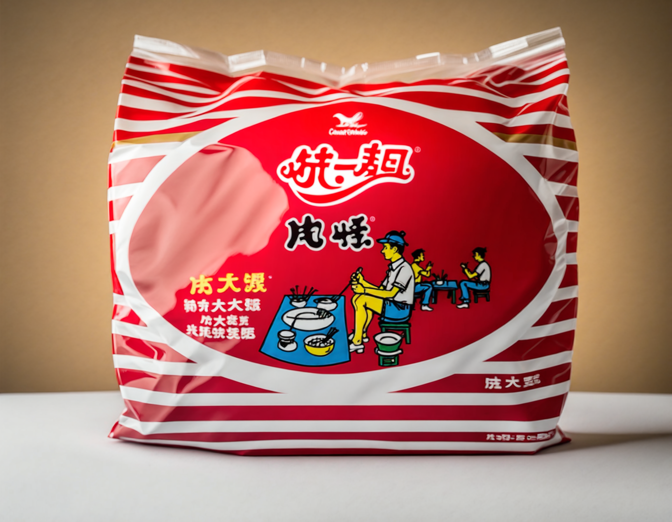 text,A bag of instant noodles placed on a red table. The packaging of the noodles is clearly visible, showcasing the brand and flavor. The red table provides a striking contrast, emphasizing the subject. The scene should be as realistic as a high-resolution photograph, with natural and even lighting that highlights the details of the bag and the texture of the table, <lora:rozaman:0.75>
