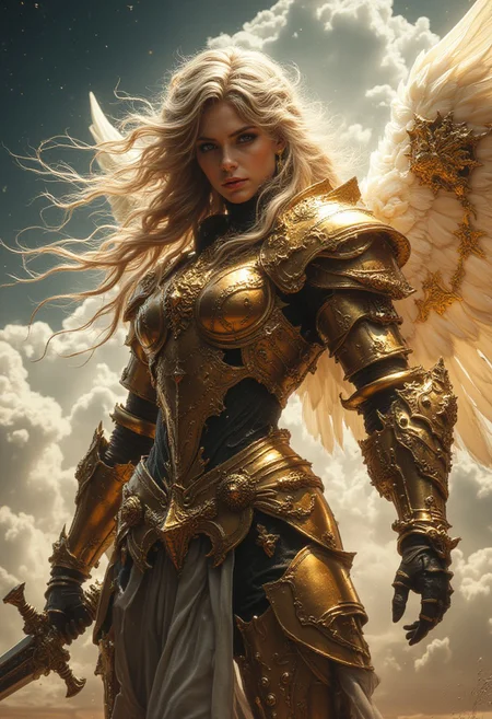 "A stunning angelic blonde knight, in golden armor, wearing a helmet that contains diamonds, blue eyes, red lips.
She is wielding a sword with two shining blades,
she is in a dynamic pose.
The setting is outdoors in the middle of a large plain with a large lake in the background where time is like twilight
scifi, Revelation Space series, Pattern Jugglers, Nostalgia for Infinity, black and gold ocean planet, Scorp the hyperpig, Conjoiner settlements, with such advanced technology that it might as well be magic,
A sleek, titanium-hulled spaceship, dubbed 'Warp Drive Vessel,' hurtles through the cosmos with a streamlined design and industrial-inspired flair. Mud flaps on its underside add a rugged touch to its otherwise polished appearance, glistening under the soft glow of nearby stars."
