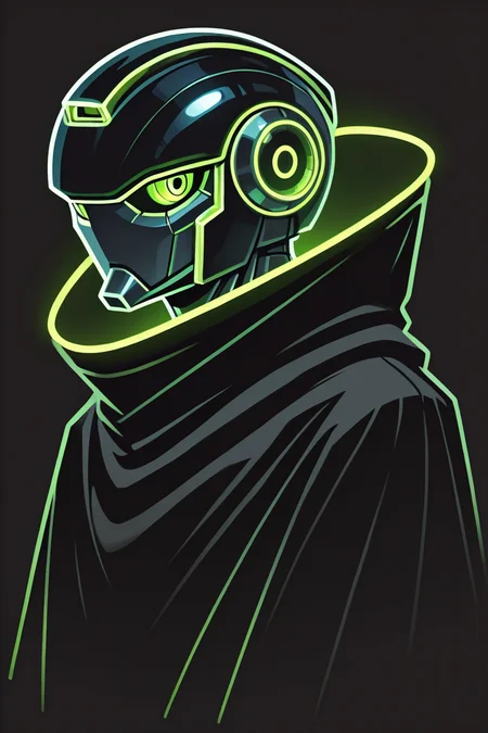 robot, portrait, black cloak, green eyes, looking to the side, simple background, high quality, <lora:Glowline_Figures_IL:1> glowline_figures