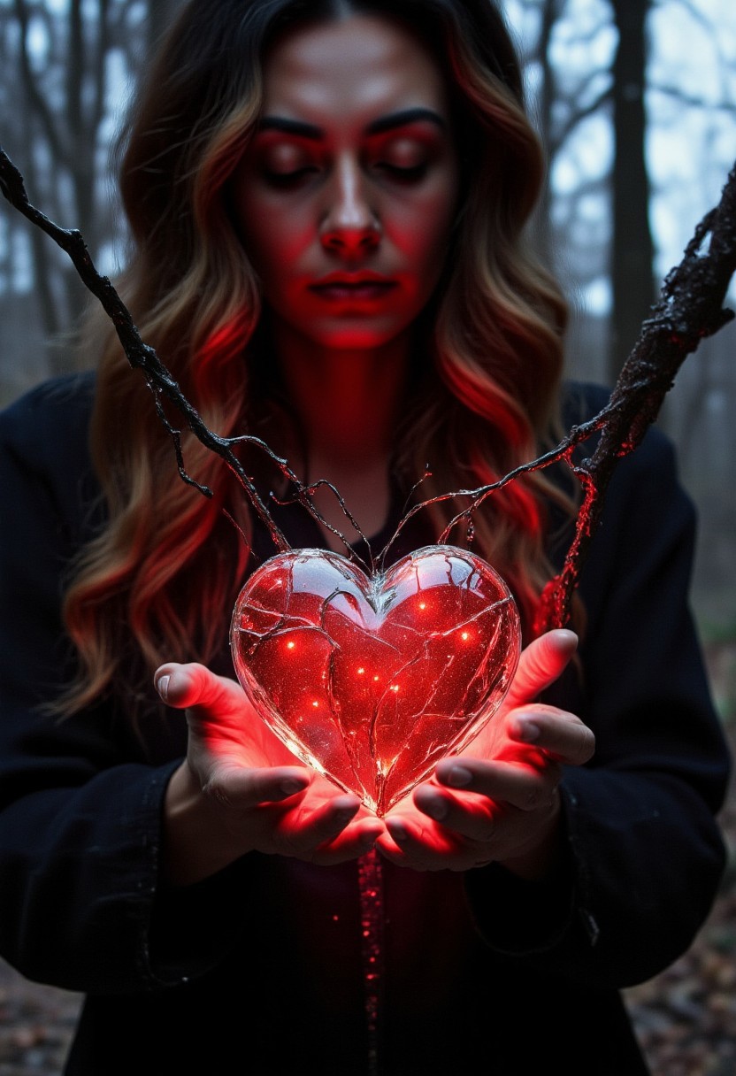 a woman holding a VibrantlySharp style. shattered gem heart in her hands, the heart is ((glowing)) red, while red oil drips through her fingers, she's look down at it forlornly while the bACKGROUND is seen through broken glass