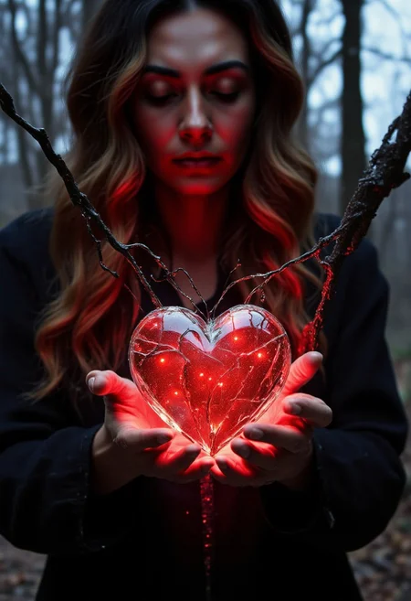 a woman holding a VibrantlySharp style. shattered gem heart in her hands, the heart is ((glowing)) red, while red oil drips through her fingers, she's look down at it forlornly while the bACKGROUND is seen through broken glass