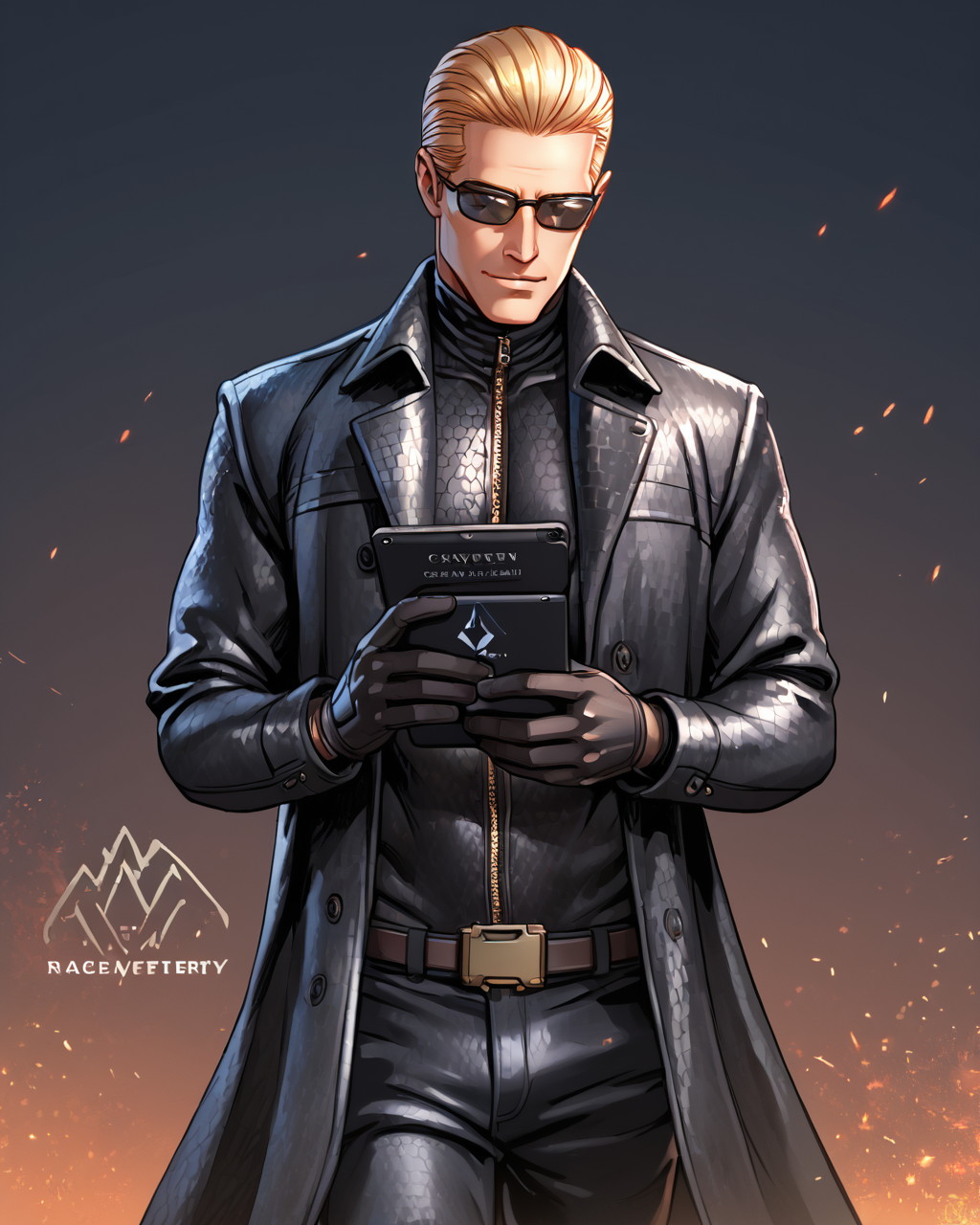 score_9, score_8_up, score_7_up, score_6_up, source_anime, ah1,<lora:albertwesker-guy-PONYv1:1> albertwesker, albert wesker, 1boy, solo, blonde, black gloves, sunglasses, belt, pants, long coat, trench coat, black coat, black pants, toned, athletic, fit, slicked back hair, black turtleneck, zipper, mature male,(graphene textured clothes:1.7) (Holding a sinister, tablet with eerie reflections within)