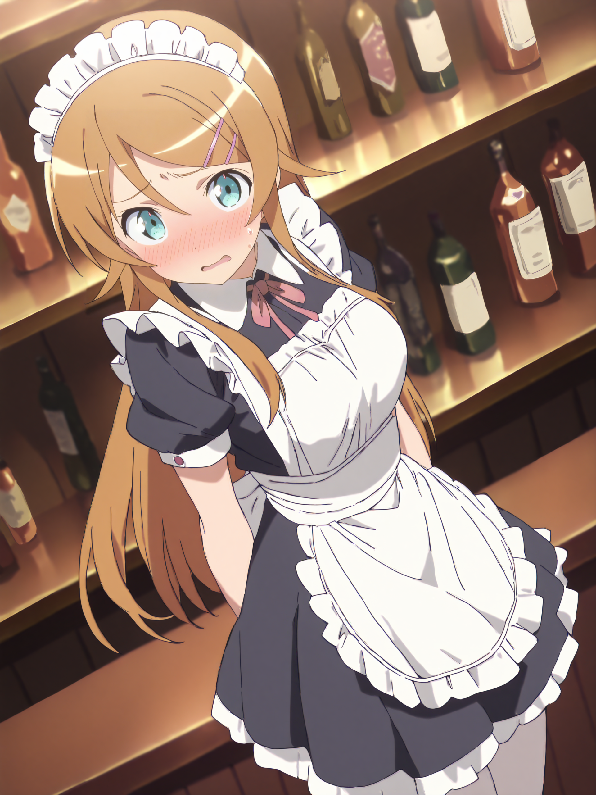masterpiece, high score, great score, absurdres, anime screenshot, anime coloring,  <lora:Char-Kousaka_Kirino-V1-SDXL:0.9:hr=0.7>, 1girl, kousaka kirino, hair clip, solo, maid, maid headdress, maid apron, embarrassed, white pantyhose, open mouth, blush, parted lips, looking at viewer, cowboy shot, bar \(place\), indoors, depth of field