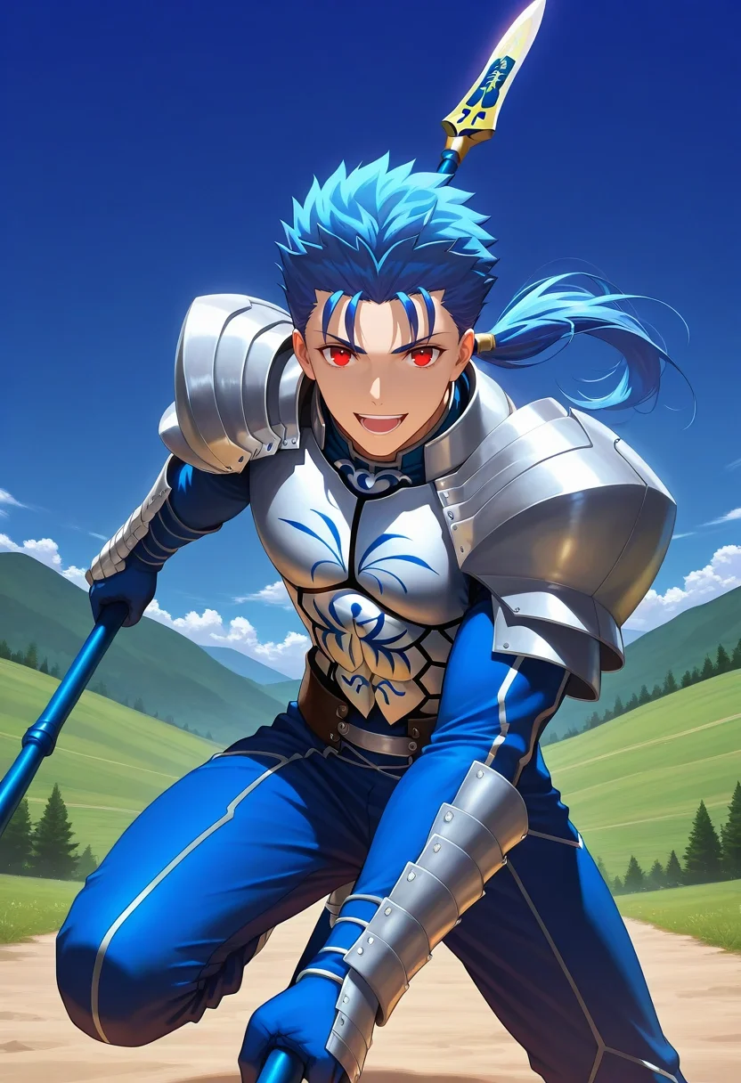 masterpiece, best quality, , (photorealistic:0.6), looking at viewer, 1boy, solo, male focus, <lora:lancer_fsn_ilxl:0.96>, lancer_fsn, fate/stay night, blue hair, red eyes, long hair, ponytail, spiked hair, , armor, shoulder armor, pauldrons, weapon, polearm, spear, holding, holding weapon, holding polearm, asymmetrical, hill, greenery, indoors, (dynamic pose:1.2), :D, sweatpant, snapback