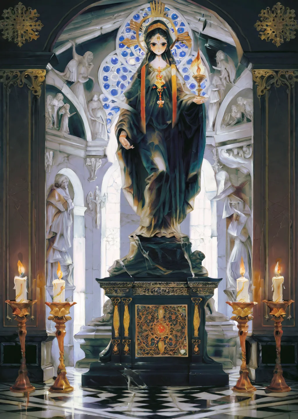 by yogisya,
1girl
a statue of a group of angry and anxiuous people surrounded by candles, baroque dark art, venusian statue, black marble intricated with gold, shadows, high contrast, rim light
concept art sci-fi fantasy character design