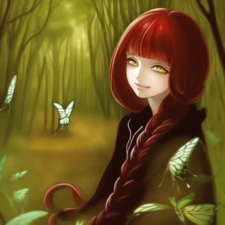 1girl, braid, solo, butterfly, bug, long hair, red hair, twin braids, tree, hood, cloak, forest, looking at viewer, nature, yellow eyes, smile, green eyes, night