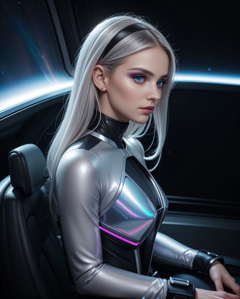 headshot:1.5 of Sn0frid_v2 face, (beautiful busty skinny british adult woman sitting in spaceship cockpit looking over shoulder at viewer:1.1), (cute face, over the shoulder:1.05), (movie still:1.05), side view, (spaceship cockpit:1.05), glowing holographic instruments, (beautiful face:1.051), from behind, smart fabric flightsuit:1.05, lightweight structured jacket with sharp geometric lines, utility belt, kneehigh boots, fingerless gloves, (large spaceship cockpit with highly polished flooring and stellar view), backlit hair, perfect face, feminine physique, (pale freckles:0.6), (black and silver accents), perfect eyes, low key, joystick, thin pouting lips, (hair with ombre tips:1.1), wide set soft turquoise eyes, skin pores, (small upturned nose:1.1), (pale skin), supernova, dramatic angle, eyelid shimmer makeup, silver eyeshadow, iridescent cheekbones, muted rose lips, deep space blue, (available light:0.7), BREAK, starlight silver, nebula pink, black hole black, planetary rings, asteroid clusters, geometric shapes, angular contours, Holographic control panels, chiaroscuro effects, reflective surfaces, starfilled skies, distant galaxies, shimmering surfaces, iridescent scifi materials, clean lines, modernistic details