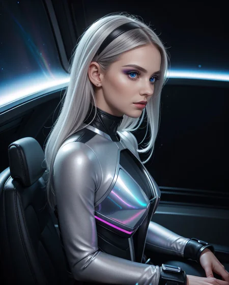 headshot:1.5 of Sn0frid_v2 face, (beautiful busty skinny british adult woman sitting in spaceship cockpit looking over shoulder at viewer:1.1), (cute face, over the shoulder:1.05), (movie still:1.05), side view, (spaceship cockpit:1.05), glowing holographic instruments, (beautiful face:1.051), from behind, smart fabric flightsuit:1.05, lightweight structured jacket with sharp geometric lines, utility belt, kneehigh boots, fingerless gloves, (large spaceship cockpit with highly polished flooring and stellar view), backlit hair, perfect face, feminine physique, (pale freckles:0.6), (black and silver accents), perfect eyes, low key, joystick, thin pouting lips, (hair with ombre tips:1.1), wide set soft turquoise eyes, skin pores, (small upturned nose:1.1), (pale skin), supernova, dramatic angle, eyelid shimmer makeup, silver eyeshadow, iridescent cheekbones, muted rose lips, deep space blue, (available light:0.7), BREAK, starlight silver, nebula pink, black hole black, planetary rings, asteroid clusters, geometric shapes, angular contours, Holographic control panels, chiaroscuro effects, reflective surfaces, starfilled skies, distant galaxies, shimmering surfaces, iridescent scifi materials, clean lines, modernistic details