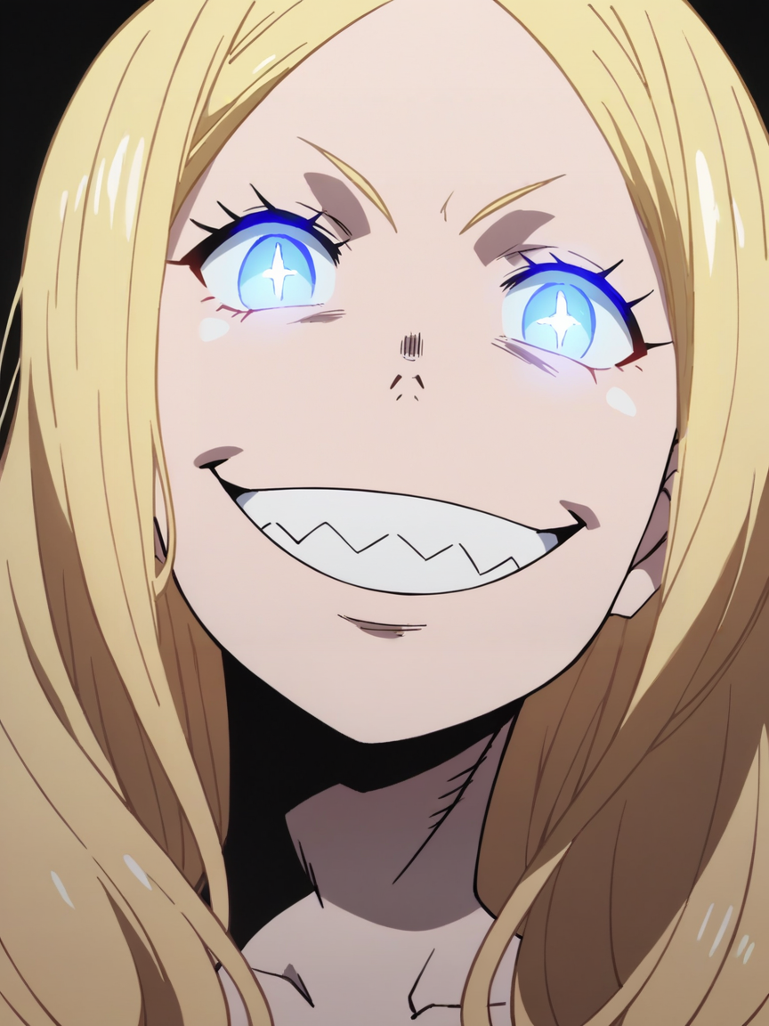 score_9, score_8_up, score_7_up, score_6_up, score_5_up, <lora:fforceXLP:1> fforce, 1girl, solo, blonde hair, smile, grin, blue eyes, black background, long hair, teeth, glowing, glowing eyes, close-up