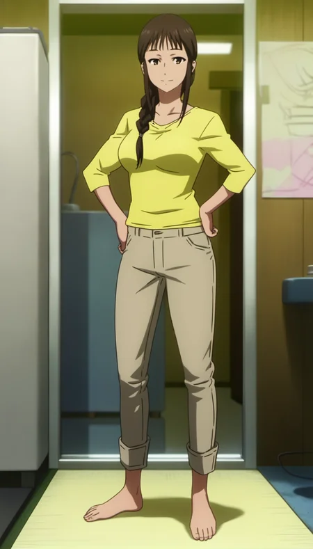 score_9,score_8_up,score_7_up,
<lora:MisatoSegawa:1>,
misato segawa,
1girl,solo,black hair,bangs,braid,
brown eyes,looking at viewer,smile,
yellow t-shirt,long sleeves,beige pants,
barefoot,
full body,left hand on hip,standing,
blurry background,bloom,lens flare,vignetting,indoors,living room,