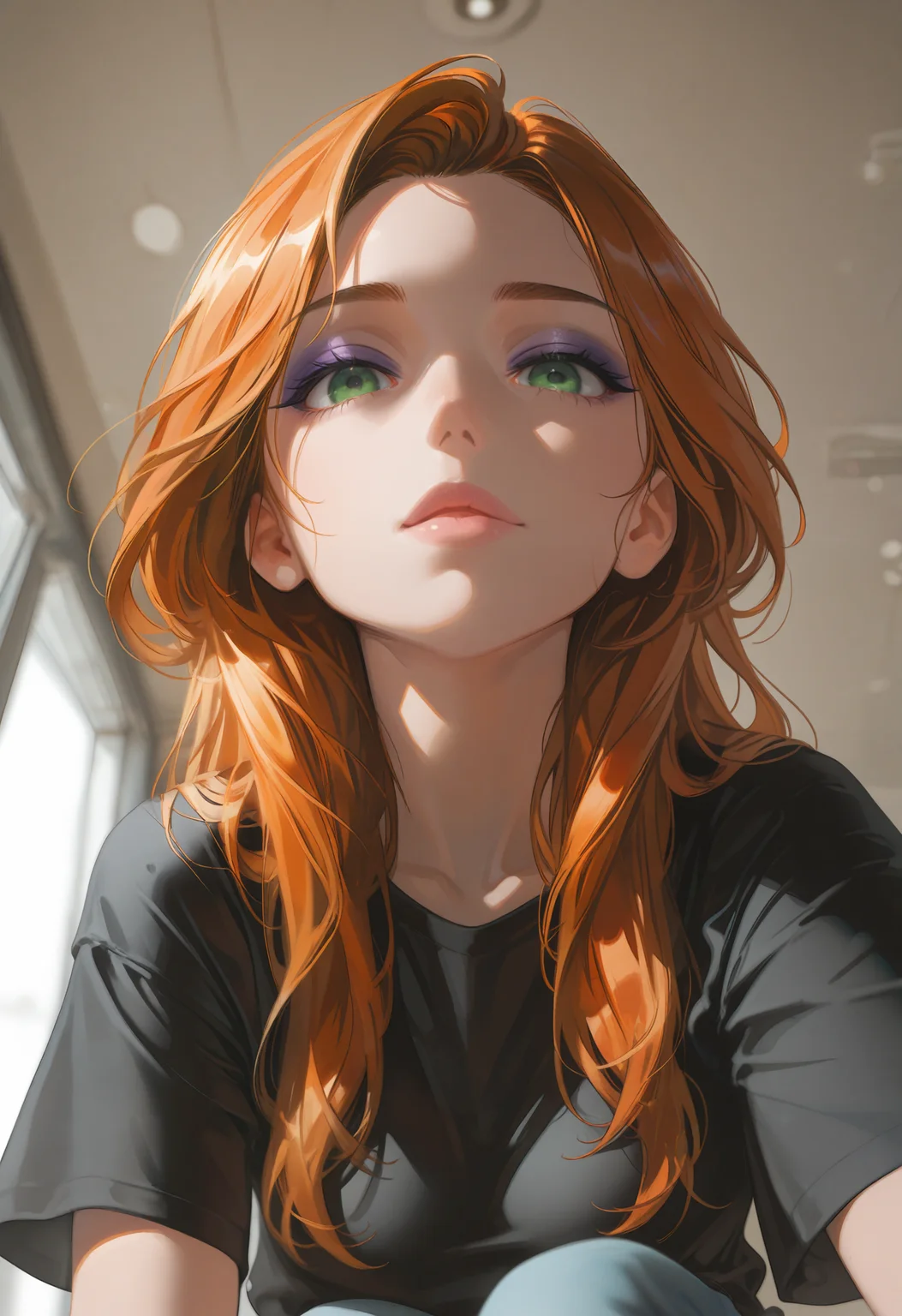 embedding:lazypos, 1girl, Long hair, orange hair, green eyes, thick eyebrows, black eyebrows, purple eyeshadow, pink lips, full lips, slender body, floating hair, realistic breast, black shirt, t-shirt, short sleeves, pants, crouching, one knee up, front view, looking at viewer, movie perspective, blurry, indoors, mature woman, large breasts,