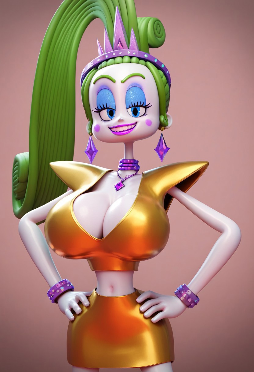 Score_9_up, score_8_up, score_7_up, 1girl,Velvet from trolls,green hair,ponytail,blue eyes, high ponytail  looking at viewer, ,,blue eyeshadow,,, , skirt, , eyelashes, , solo, necklace, ,golden clothes,simple background,hands on hips,huge breasts,cleavage,huge head,evil smile,evil face