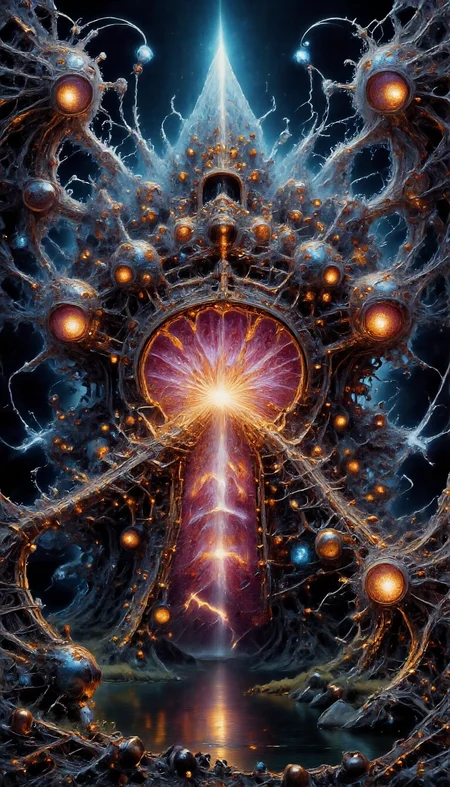 This is a highly detailed fractalex digital painting in a baroque style a compelling use of (snellâs law) how light travels through the lenses of spheres creating a gateway to other dimensions through an Electrified spectrum of fractal separation into multidimensional gateways with views of exploding star, before entering a newdimension. Use (gold leaf,blue, pink) precise fractal design, flowing curves, precision, colorful fractal geometry, harmonic interference, dismrt style, realism, detailed digital illustration, photo manipulation, altered realities, digital artistry, striking visuals, chiroscuro lighting, masterpiece, best quality, highres, high detail, sharp focus, detailed background, light reflection, photo-realistic, <lora:Epic_gorgeous_Details-flux.1:0.5> <lora:Amazing_scenery_v1:1> <lora:P-Mystic-Fusion_v10:0> <lora:flux.1_lora_surreal-tones_v1:0> <lora:RealisticDigitalPainting-flux:0.6> <lora:Electrified_Flux_v1:1> <lora:Dorota_Pietrowiak-Flux:0.3> <lora:best_of_flux_v30_rank64_bf16-step01750:0.65> <lora:ral-frctlgmtry_flux:0.65> <lora:fractalex:0.5441650390625> <lora:-_Flux1_-_vanta_black_V2.0:1>