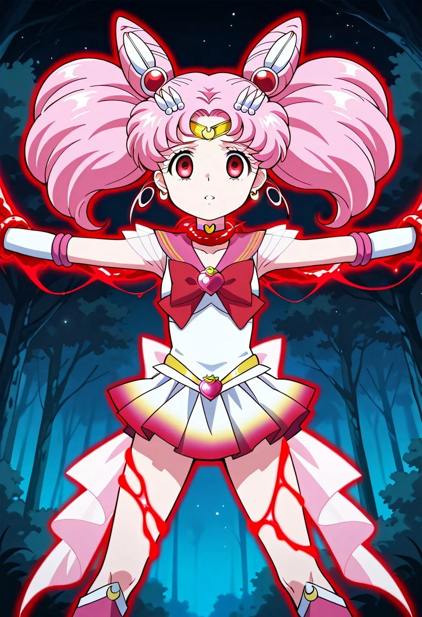 anime screencap, anime coloring, detailed face, masterpiece, best quality, very aesthetic, absurdres,, volumetric lighting, official style, amazing quality, ultra detailed, highres, amazing quality, scenery, beautiful detailed hair, beautiful detailed eyes, ExpressiveH, Speedlines,
<lora:ChibiUsaIllustriousXL_byKonan:1>
Outside, forest, night, dark, blue hue, 1girl, chibiusa, pink hair, twintails, cone hair bun, double bun, red eyes, earrings, hair ornament, 1girl, solo, tiara, red bow, heart brooch, bow, choker, elbow gloves, heart choker, magical girl, multicolored clothes, multicolored pleated skirt, pink sailor collar, sailor senshi uniform, yellow choker, knee boots, back bow, empty eyes, body glowing red, glowing, magic aura, (red glow outline around body:1.4), intense glow, restrained limbs, spread arms, spread legs,
front view, cowboy shot, lifted into the air, suspended in air, held in the hair by tentacles around arms,
Tentacles, large tentacle, (large tentacle wrapped around throat:1.4), large tentacle wrapped around waist, tentacles wrapped around thighs,