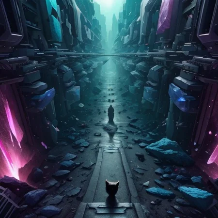 a cat whose omnipotent powers sits in a cyberpunk street, collide.highest quality, enhanced quality, creative, beautiful, vibrant, masterpiece, 8k, amazing details, amazing quality, amazing artist, sharp edges, detailed textures, full view, atmospheric lighting, amazing visuals, crystals fantasy, crystals, crystal, bg_imgs, cyberpunk, neon lights, science fiction, view from above,